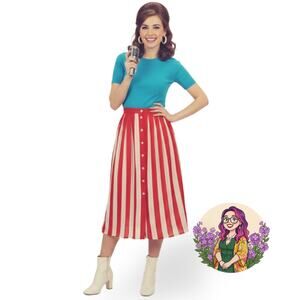 VTG Liz Claiborne Red White Striped Pleated Midi Skirt Full Button Front Size XS